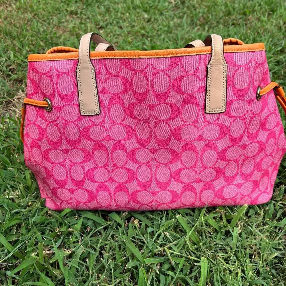 Coach Signature Canvas Drawstring Tote in Pink and Orange